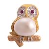 An 18K Pearl & Diamond Owl Pin by E. Wolfe & Co.