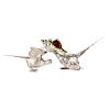 Two silver plate pheasants and a conch shell.