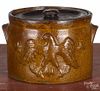Stoneware butter crock, 20th c., with relief eagle decoration, 3 1/2'' h., 4 1/2'' dia.