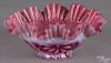Victorian cranberry and opalescent ruffled edge bowl, 19th c., 10'' dia.