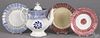 Four pieces of spatterware, 19th c., to include a blue coffeepot with a pinwheel, 9 1/4'' h.