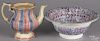 Red and blue sponge basin, 19th c., 4 3/4'' h., 12'' w., together with a rainbow spatter teapot