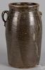 Southern four-gallon stoneware churn, 19th c., probably North Carolina, stamped 4 on the shoulder