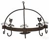 Wrought iron hanging pot rack, 20th c., with a candleholder and bird finials, 14'' h., 19'' w.