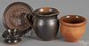 Three pieces of Stahl redware, mid 20th c., to include a salt dip, inscribed R. R. Stahl 12/17/48