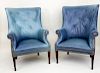 Pair of Hepplewhite Style Green-Teal Blue Leather Upholstered Barrel Back Wing Chairs