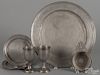 English pewter charger, 19th c., 16 3/4'' dia., together with a pair of chalices, a porringer