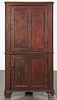 Pennsylvania pine corner cupboard, 19th c., one-piece construction retaining a red wash