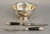 Three piece lot to include a Revere style sterling silver bowl and a silver mounted knife and fork. 18.7 troy ounces.