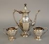 Three piece sterling silver tea set, teapot ht. 10 1/4 in., 21.5 troy ounces.