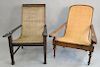 Two plantation type armchairs, one caned with woven seat and back. ht. 38 in. and 38 in.