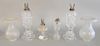 Lot of four whale oil lamps plus two frosted chimney shades. ht. 6 1/2 in. to 11 1/2 in.