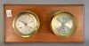 Seth Thomas brass clock and barometer, mounted on board. 8 1/2" x 18"