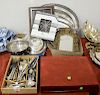 Four box lots to include six piece silver plate lot of three trays (one with coat of arms), silver plated flatware, and a brass fram...