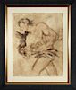 Illegibly Signed Male Figure Mixed Media Drawing