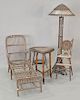 Five piece wicker lot to include two tables, youth chair, floor lamp, ht. 69 in., along with rattan chaise, lg. 61 in.