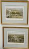 Group of twelve framed prints and lithographs to include set of six framed newspaper clippings, set of four black and white prints, ...