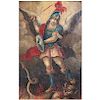 Anónimo. San Jorge. México, siglo XX. Óleo sobre lámina de cobre. Marco de madera tallada con motivos lobulados. 29 x 24 cm