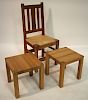 Pair Square Oak Side Tables and Rush Side Chair