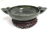 Chinese Spinach Jade Bowl Stylized Foliate Handles