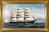 ANTONIO JACOBSEN OIL ON CANVAS 'PORTRAIT OF THE THREE-MASTED CLIPPER SHIP ISLAND HOME AT FULL SAIL"