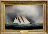  JAMES E. BUTTERSWORTH OIL ON CANVAS “PORTRAIT OF THE YACHT AMERICA, RACING OFF SANDY HOOK, WITH DECK HANDS CHANGING THE SAILS, AUGUST 1870”