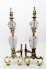 PAIR OF ST. CLAIR GLASS AND BRASS ANDIRONS