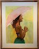 Signed, Watercolor of Woman Holding Umbrella