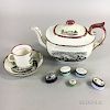 Three Pink Lustre Transfer-decorated Staffordshire Items and Five Battersea Boxes