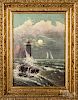 Oil on canvas coastal scene with lighthouse, etc.