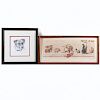 A 20th century canine themed French print and a pencil drawing of a dog both signed illegibly lower right.
