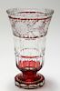 Ruby Cut to Clear Tall Glass Vase w Floral Motif