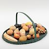 Collection of Painted Stone and Marble Fruit in a Painted Green Basket