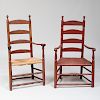 Two Red Painted Ladder Back Chairs