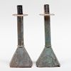 Pair of American Blue Painted Tin Candlesticks with Punch Decoration