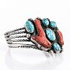 STERLING SILVER ANGLED TURQUOISE AND CORAL CUFF