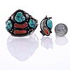 NATIVE AMERICAN SILVER TURQUOISE CORAL CUFF AND RING