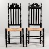 Pair of Black-painted Heart and Crown Bannister-back Chairs