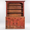 Red-painted Pine Two-piece Step-back Cupboard or Buffet-Dresser