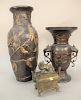 Three piece Chinese bronze censer mounted with lion (ht. 7 1/2 in.), and two bronze vases. ht. 15 1/2 in., 21 in.