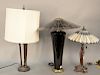 Three table lamps to include two with leaded glass shades along with a column lamp. ht. 24 in. and 28 in.