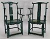 PR Chinese Blue-Green Painted Tiered Arm Chairs