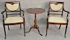 Three piece group to include Margolis mahogany candle stand and a pair of arm chairs, ht. 26 in., dia. 20 in. 