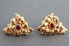 18K Yellow Gold & Rubies Floral Earrings, Pair