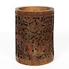 Chinese Deep Relief Carved Wood Brush Pot
