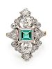 A Platinum Topped Yellow Gold, Emerald and Diamond Ring,