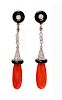 A Pair of Platinum, Diamond, Coral and Onyx Dangle Earrings,