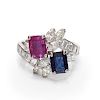A 14 Karat White Gold Ruby, Sapphire, and Diamond Ring,