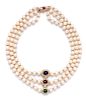 A 14 Karat Yellow Gold Diamond, Sapphire, Ruby, Emerald and Cultured Pearl Necklace,