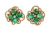A Pair of 14 Karat Yellow Gold, Emerald and Diamond Earclips,